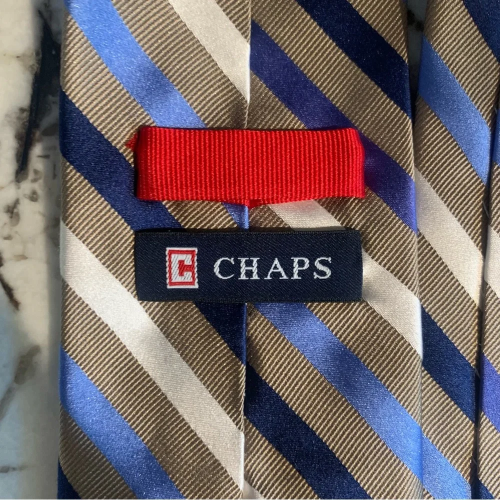 Repp Tie Chaps 100% Silk Stripe Tie - Blues Cream Khaki - Picture 3 of 6